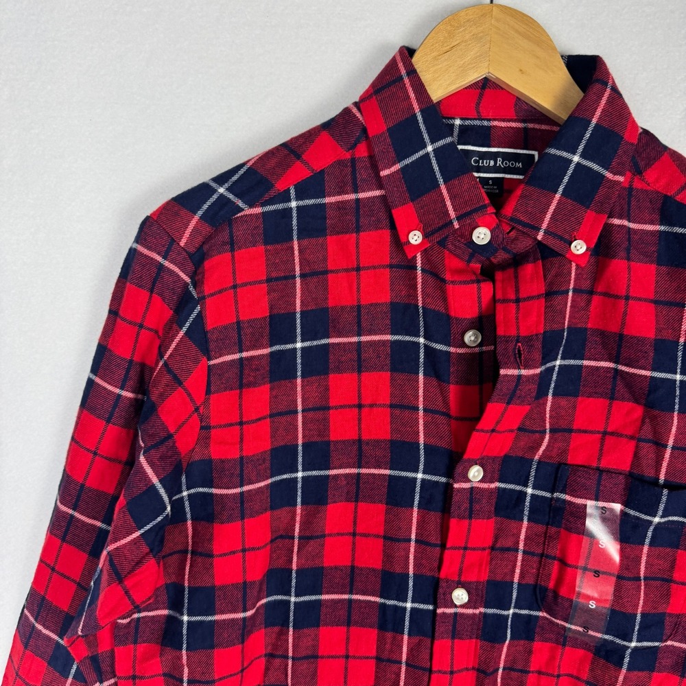 Club Room Mens Flannel Plaid Button Down Shirt Red Navy Blue Small 100189992MN - Picture 11 of 14